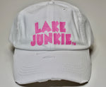 Lake Junkie Ponytail Hat - White With Pink Glitter Lettering