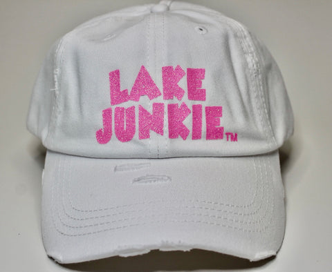 Lake Junkie Ponytail Hat - White With Pink Glitter Lettering