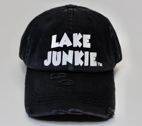 Lake Junkie Ponytail Hat - Black With White Glitter Lettering